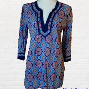 J. Crew tunic blue orange geometric 3/4 sleeve sustainable cotton size M